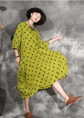 100% dotted linen clothes For Women design yellow Dresses summer