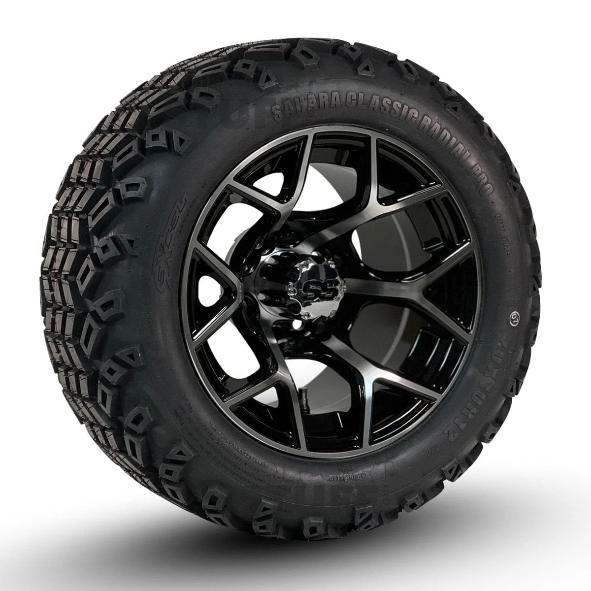 12" Rally Black/Machined Golf Cart Wheels and All Terrain Tires Combo - Set of 4