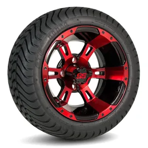 12" Stallion Ruby Red & Black Aluminum GCS™ Colorway Golf Cart Wheels and Street/Turf DOT Approved Golf Cart Tires Combo - Set of 4 (18" or 23" tall)