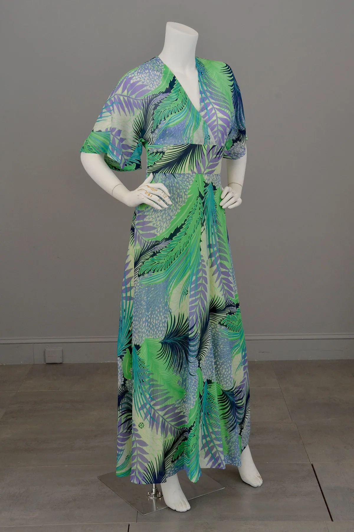 1970s Chiffon Feather Print Maxi Dress with Flutter Sleeves