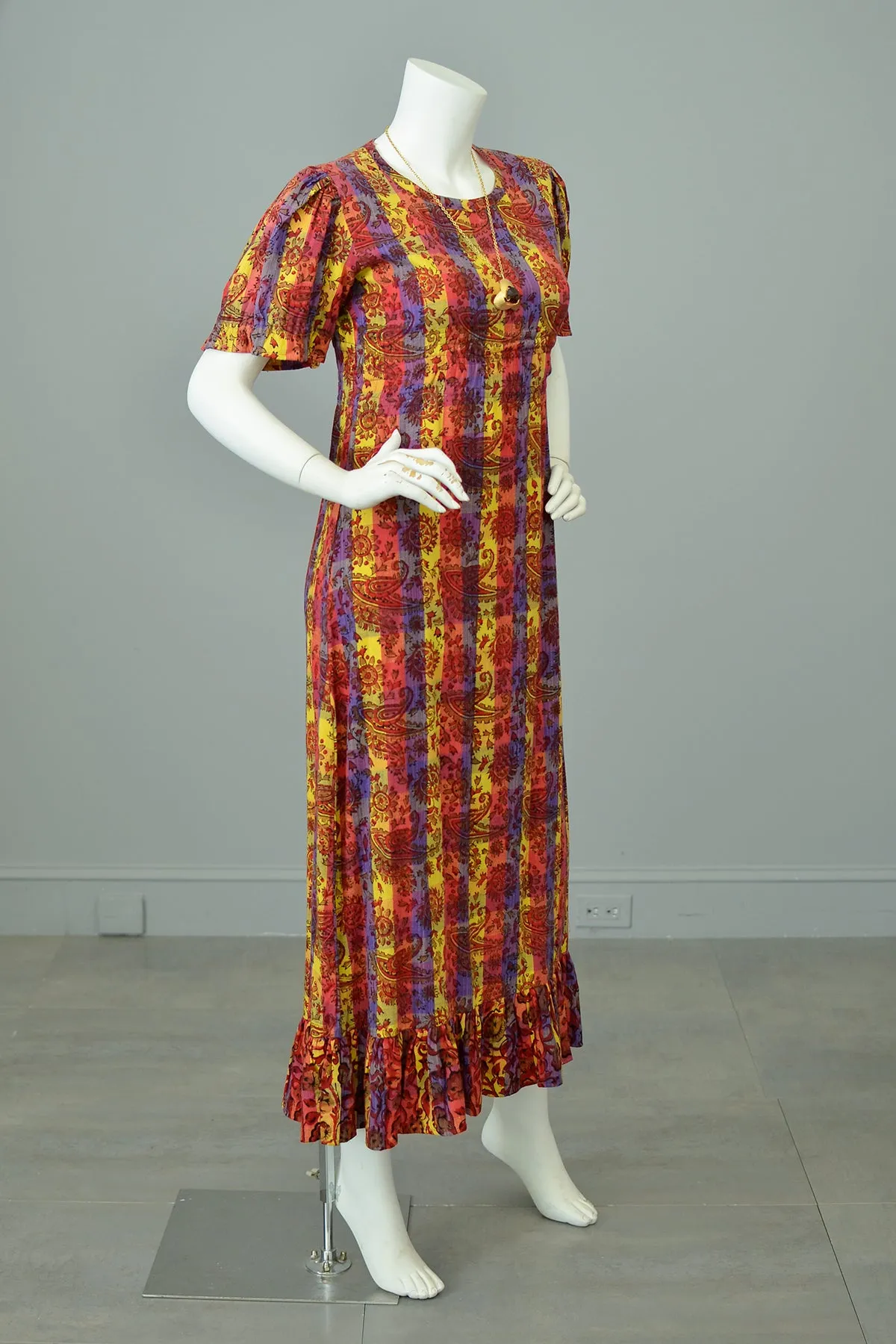 1970s Sunset Hues Puff Sleeve Paisley Print Peasant Dress