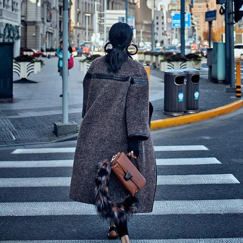 2019 chocolate Wool Coat plus size long coat Fashion Batwing Sleeve maxi coat