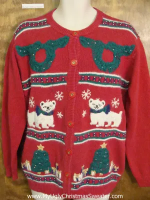 80s Dogs and Wreaths Ugly Christmas Sweater Cardigan