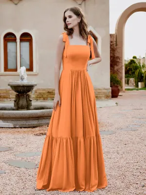 A-Line Bow Ruffle Sleeveless Chiffon Dress Orange Plus Size