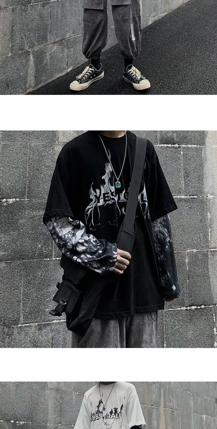 Aidase  Black Hip Hop T-Shirt Mens Casual Autumn Tops Tee Fake Two Piece Long Sleeve Men T Shirt Fashion Japan Tshirt Streetwear Boys