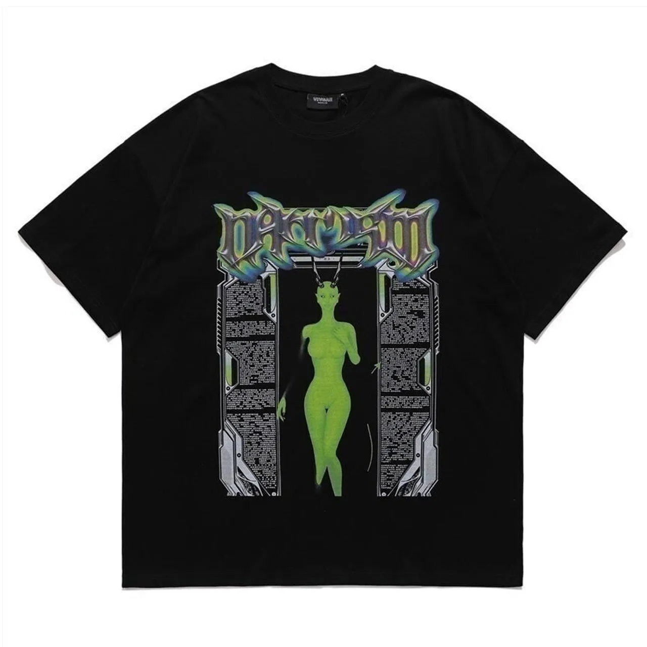 Alien print t-shirt Cyber punk tee UFO grunge top in black