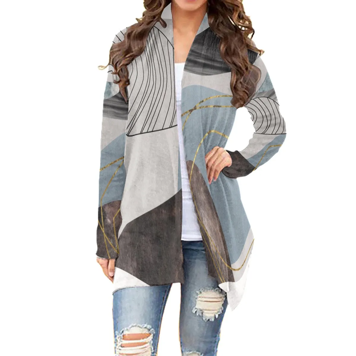 All-Over Print Women's Cardigan With Long Sleeve5 gray blue and black abstract print