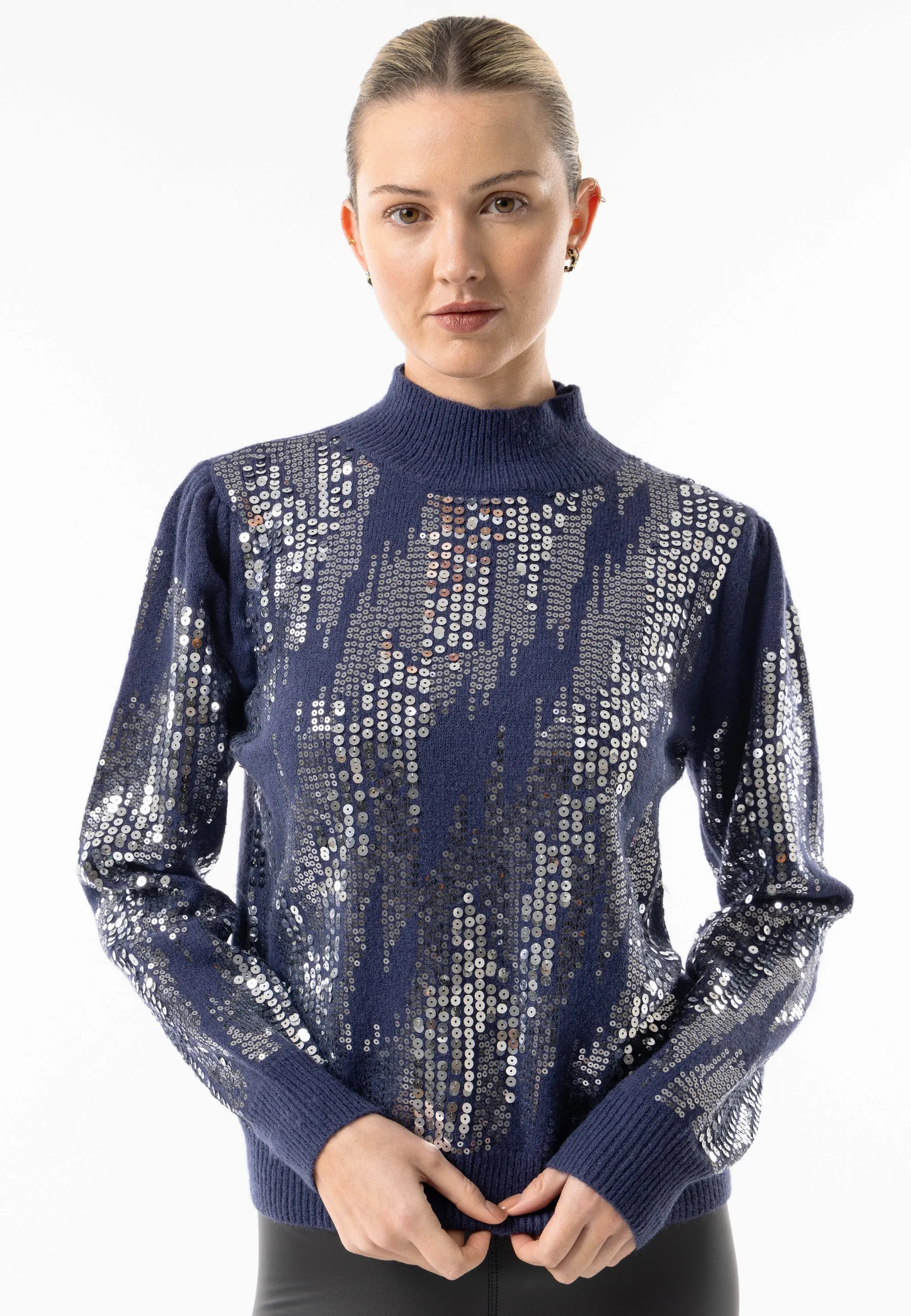 Angeleye Navy High Neck Jumper With Silver Sequin Detail