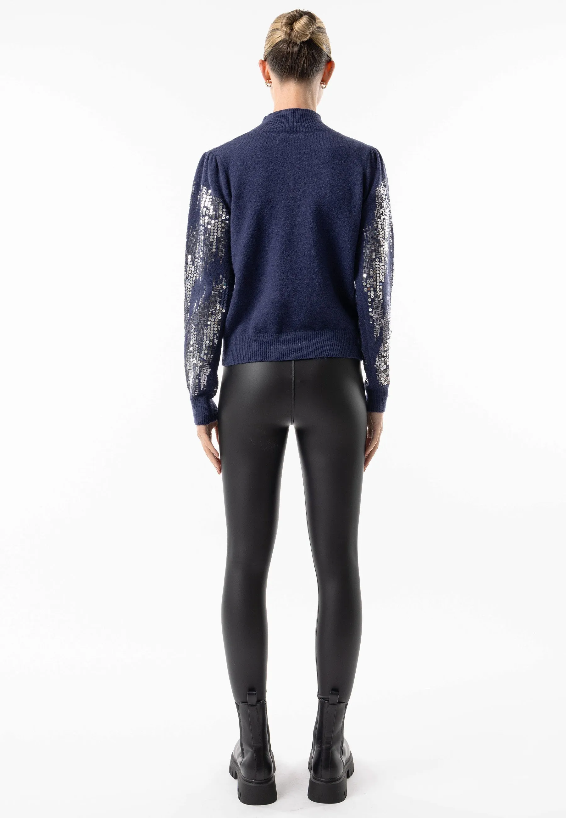 Angeleye Navy High Neck Jumper With Silver Sequin Detail