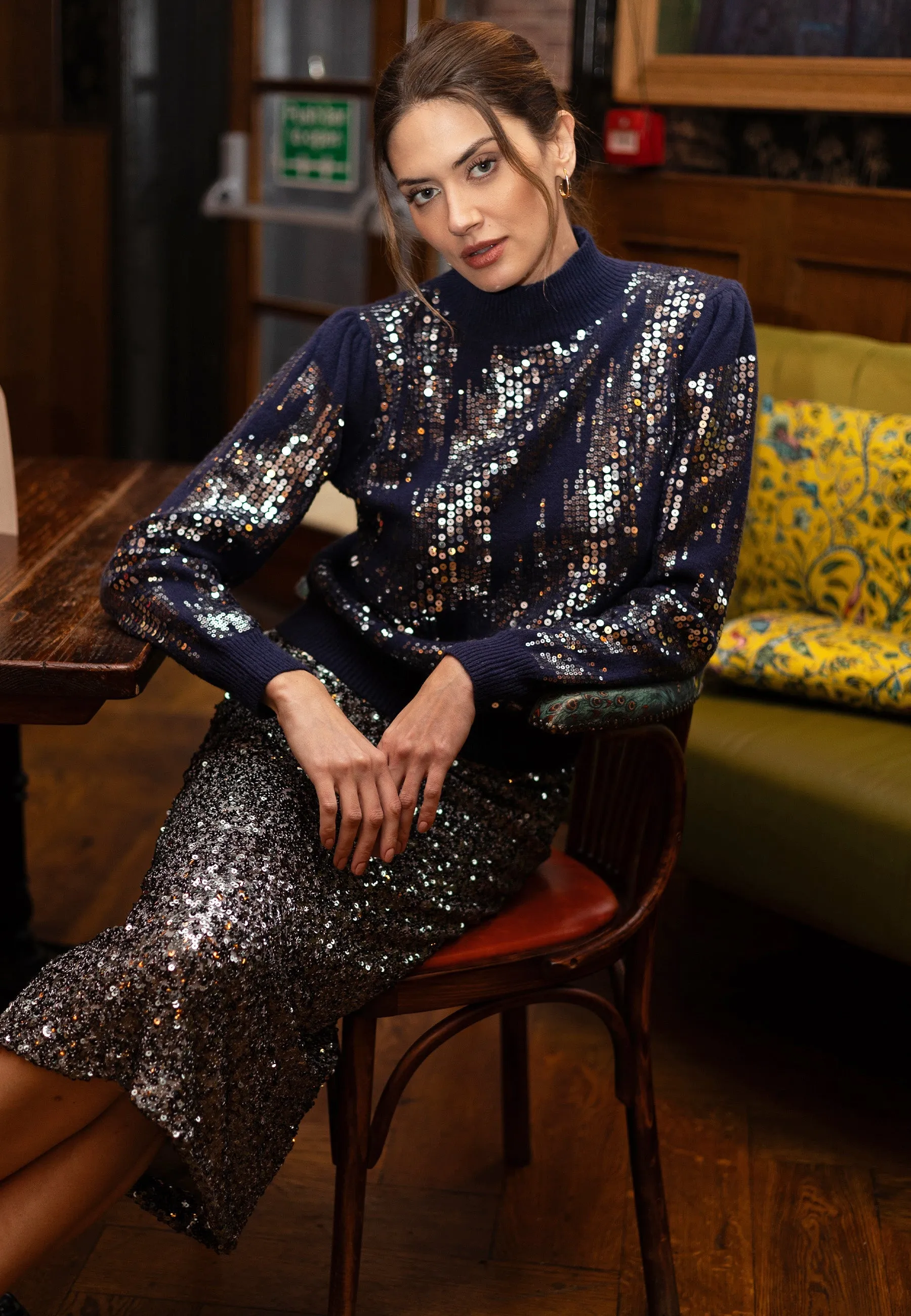 Angeleye Navy High Neck Jumper With Silver Sequin Detail