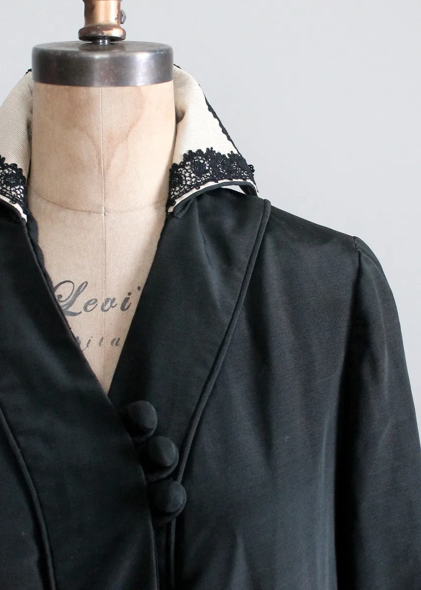 Antique Edwardian Black Silk Coat with Stand Up Collar