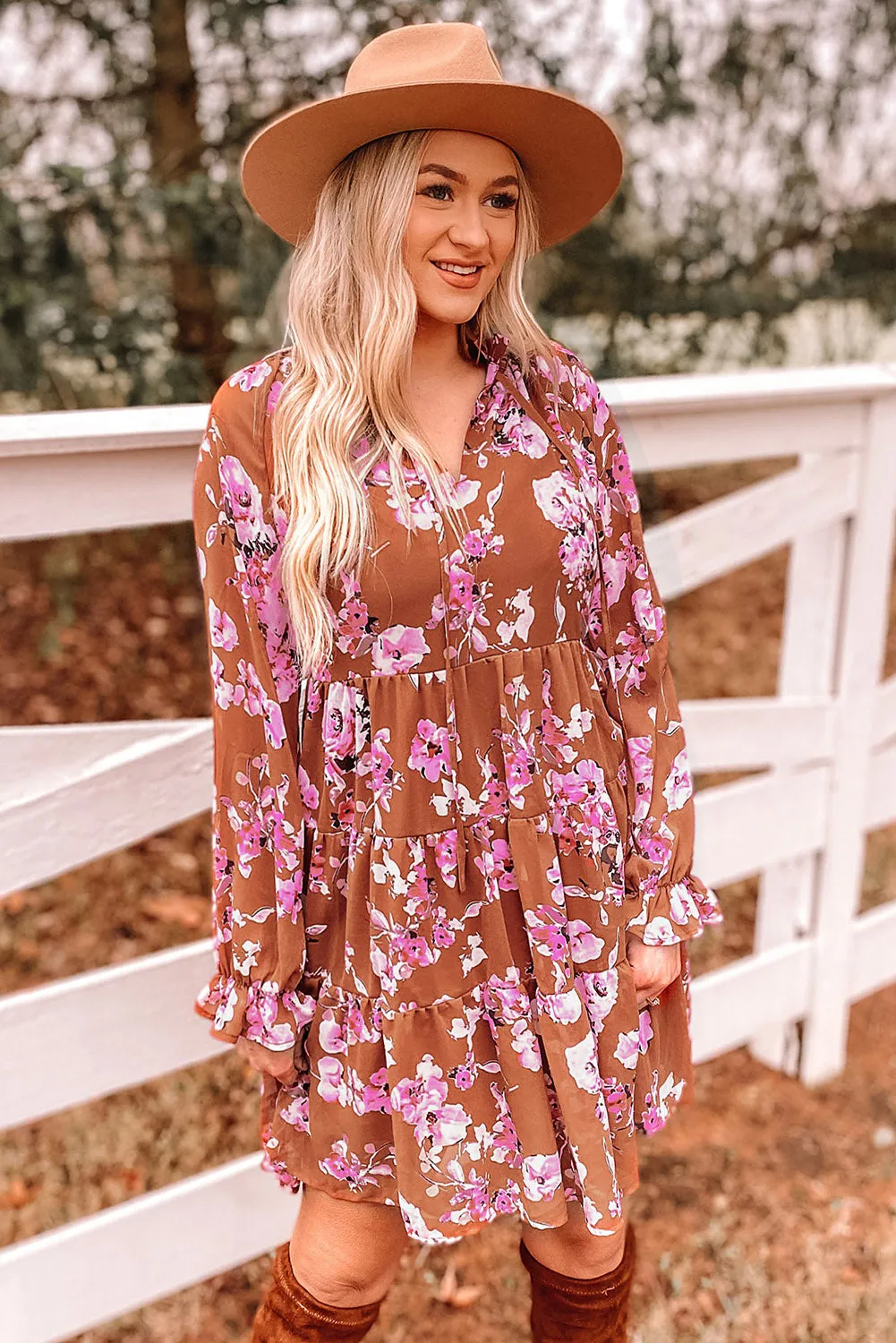 *APP EXCLUSIVE* Fall Floral Flounce Sleeve Tiered Dress