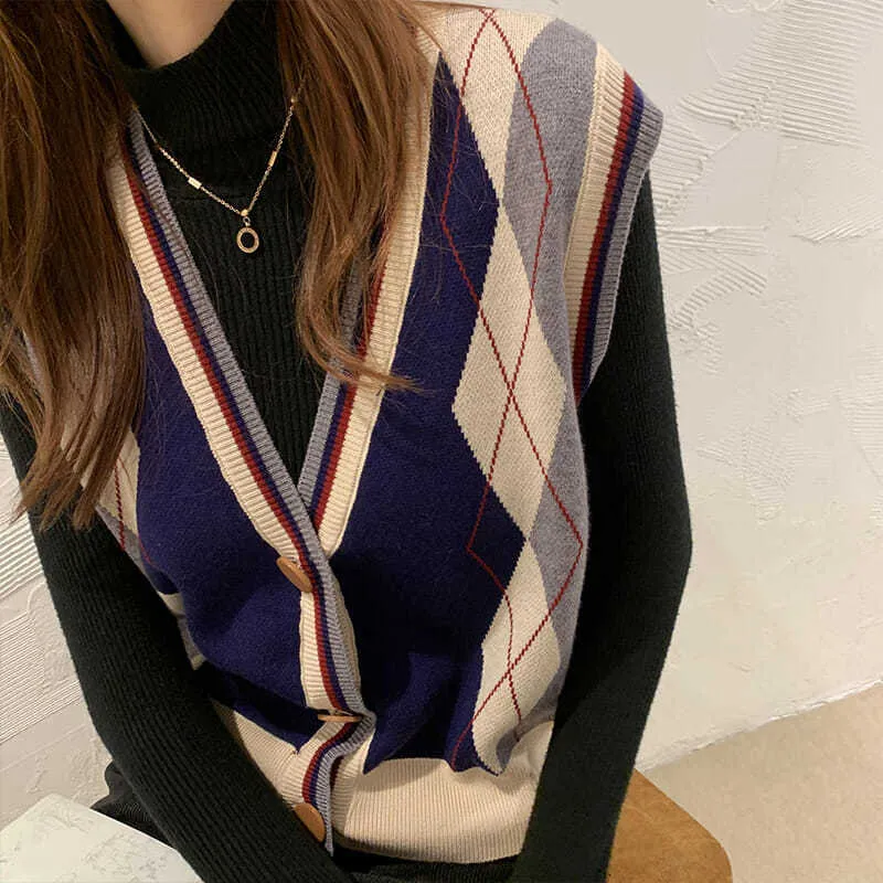 Argyle Women Cardigan Sweater Fashion V Neck Knit Fall Jumper Vest Casual Button Up Female Outwear