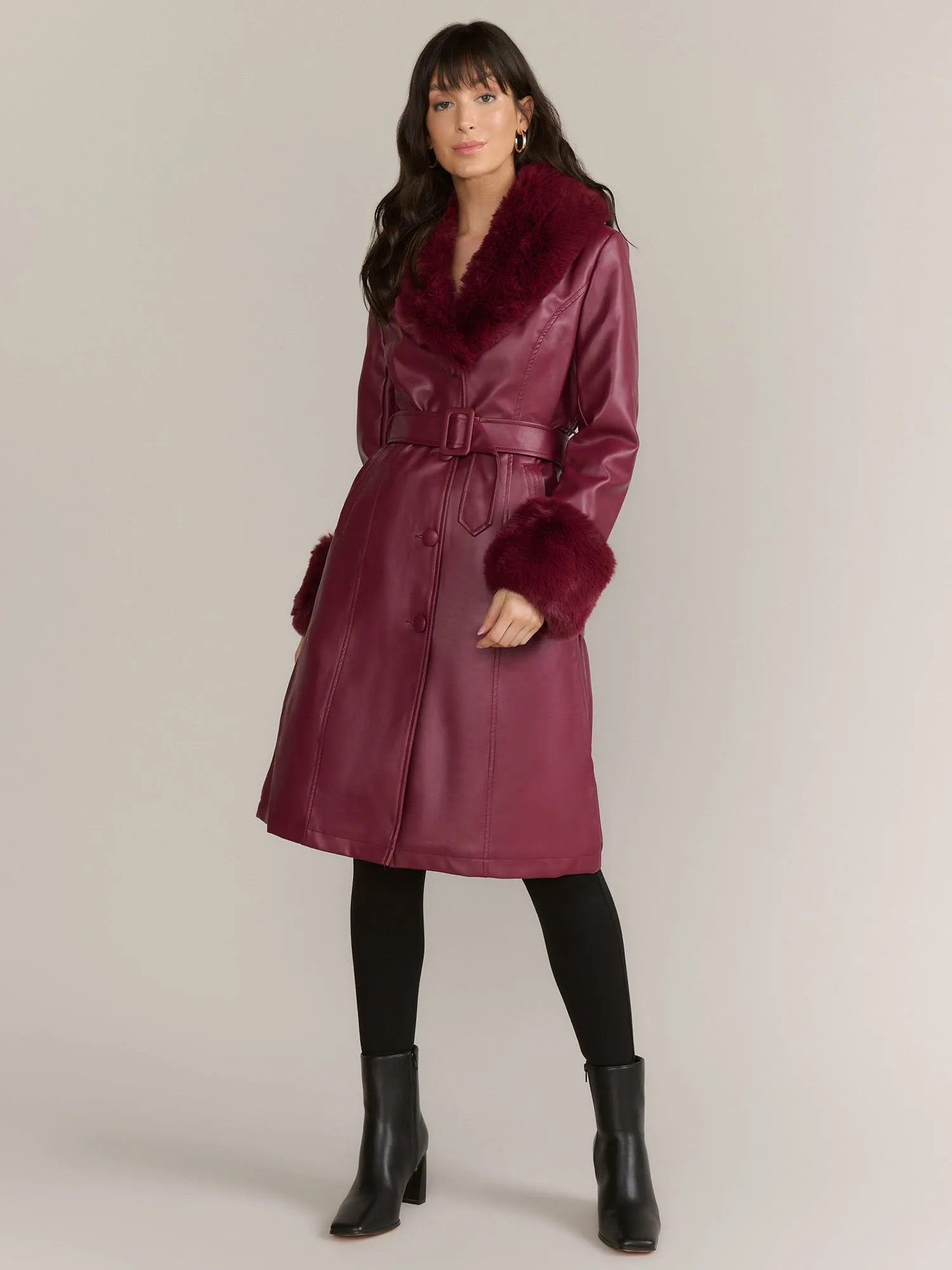 Azela Wang Vegan Leather Fur Trim Trench Coat - Brands We Love