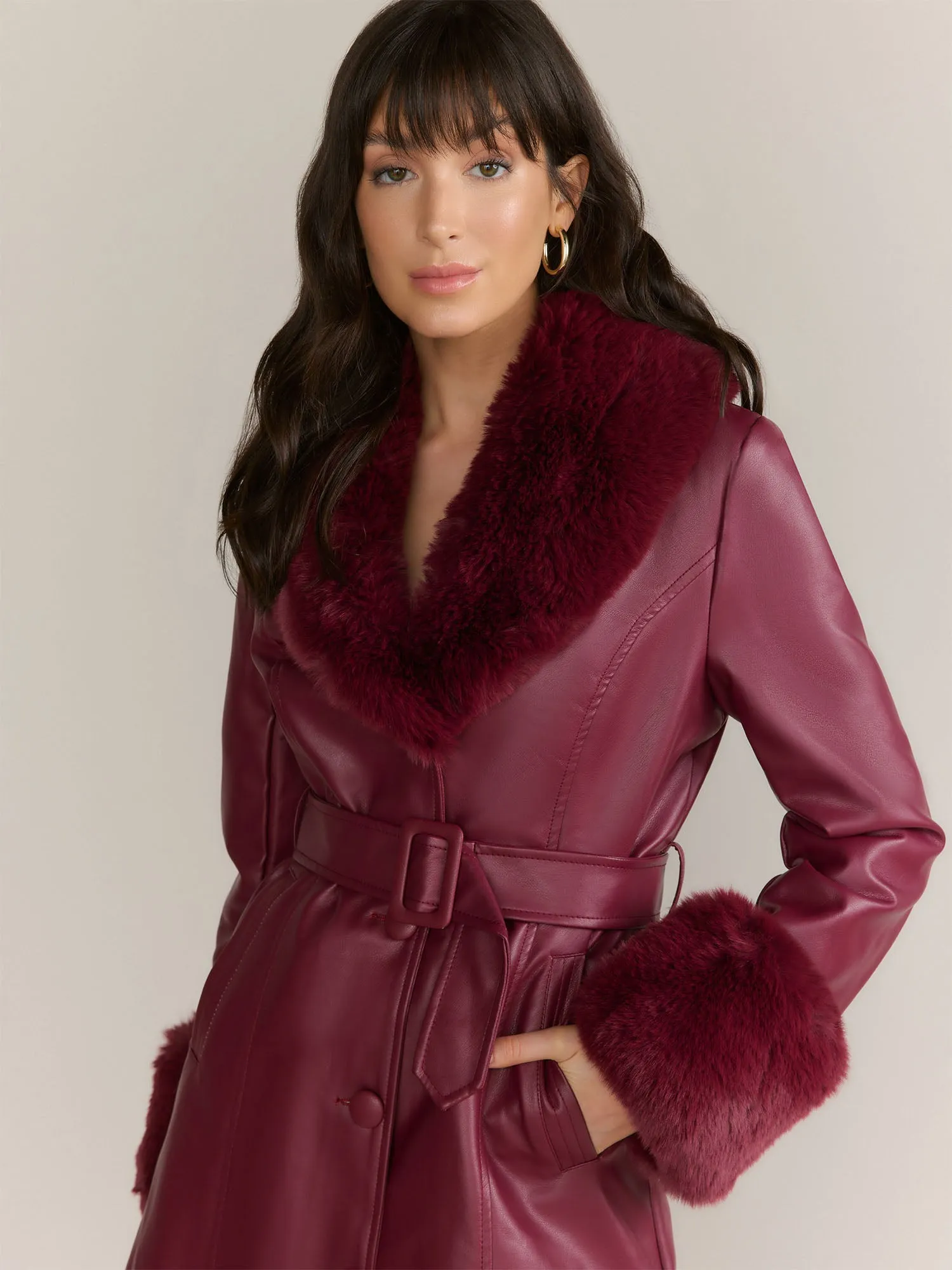 Azela Wang Vegan Leather Fur Trim Trench Coat - Brands We Love