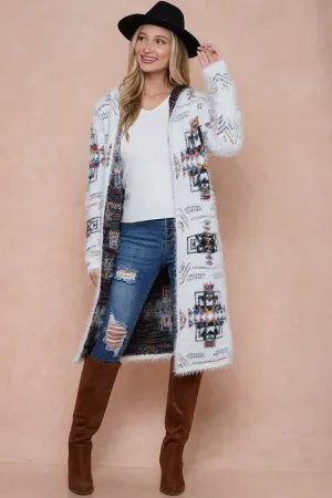 Aztec Rainbow Fuzzy Hoodie Long Cardigan - Ivory/Rainbow