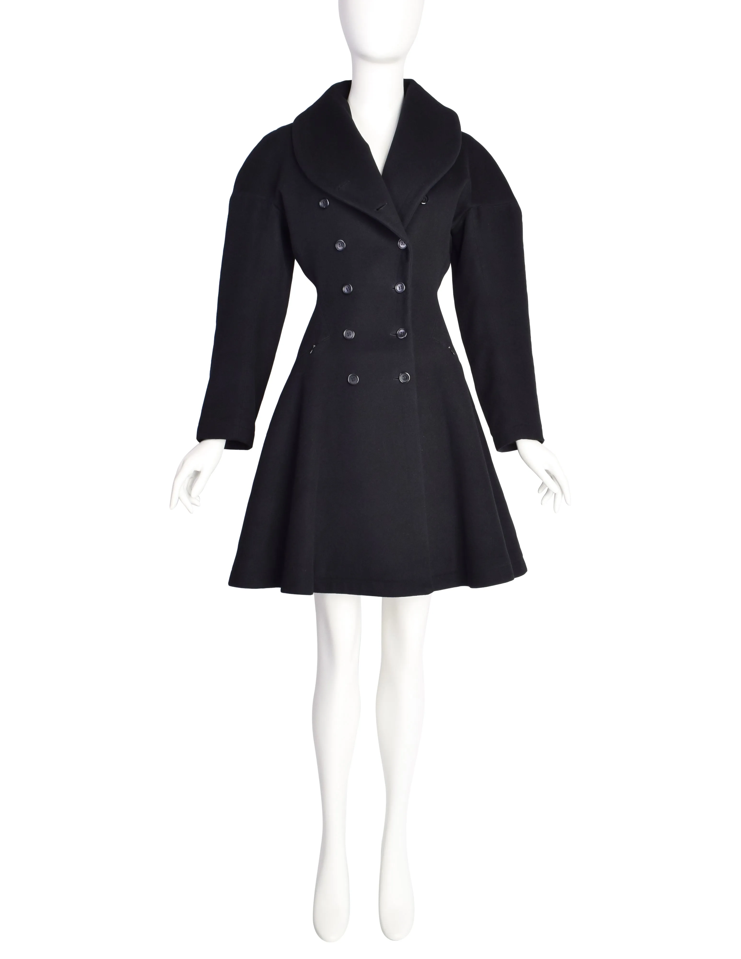 Azzedine Alaia Vintage AW 1986 Black Wool Curved Collar Double Breasted Hourglass Princess Coat