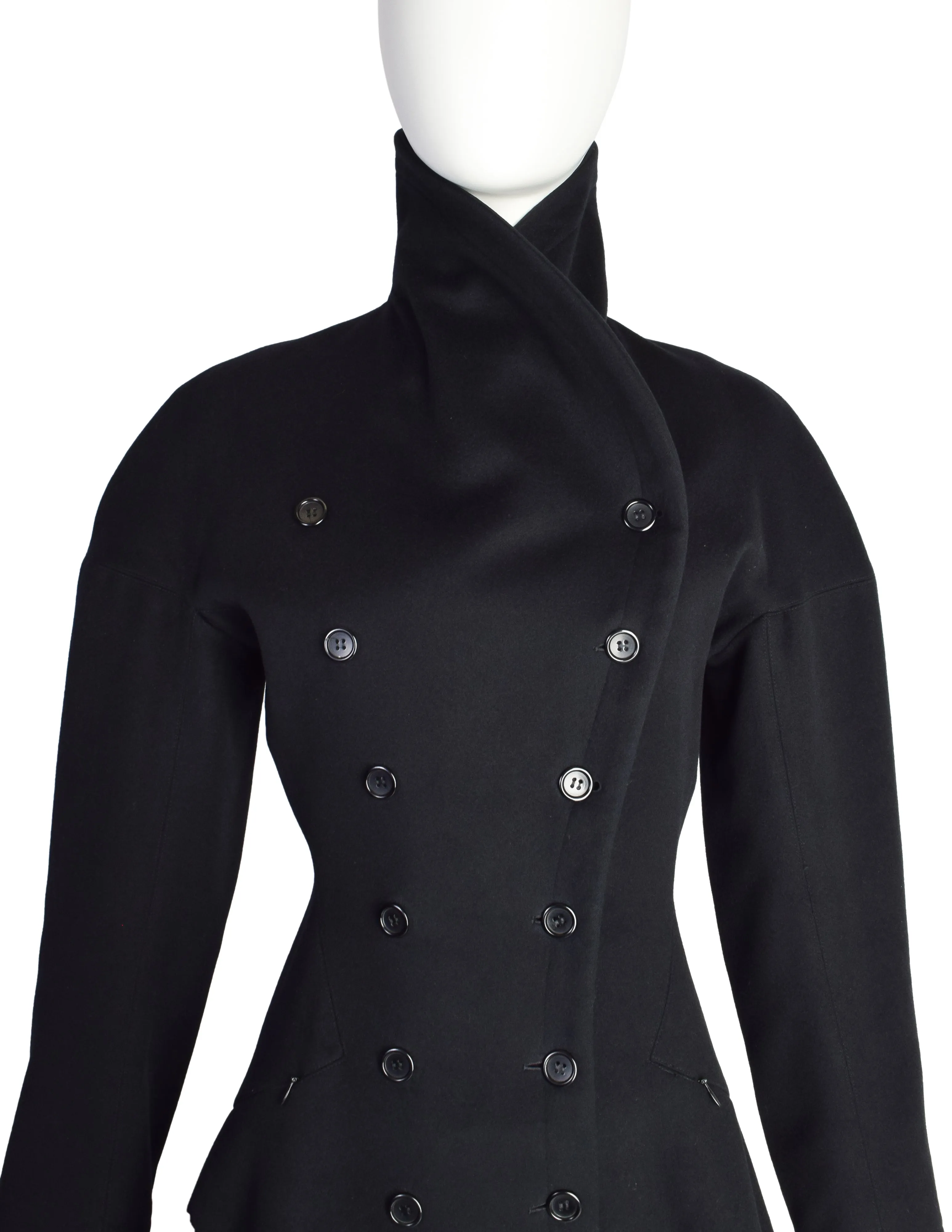 Azzedine Alaia Vintage AW 1986 Black Wool Curved Collar Double Breasted Hourglass Princess Coat