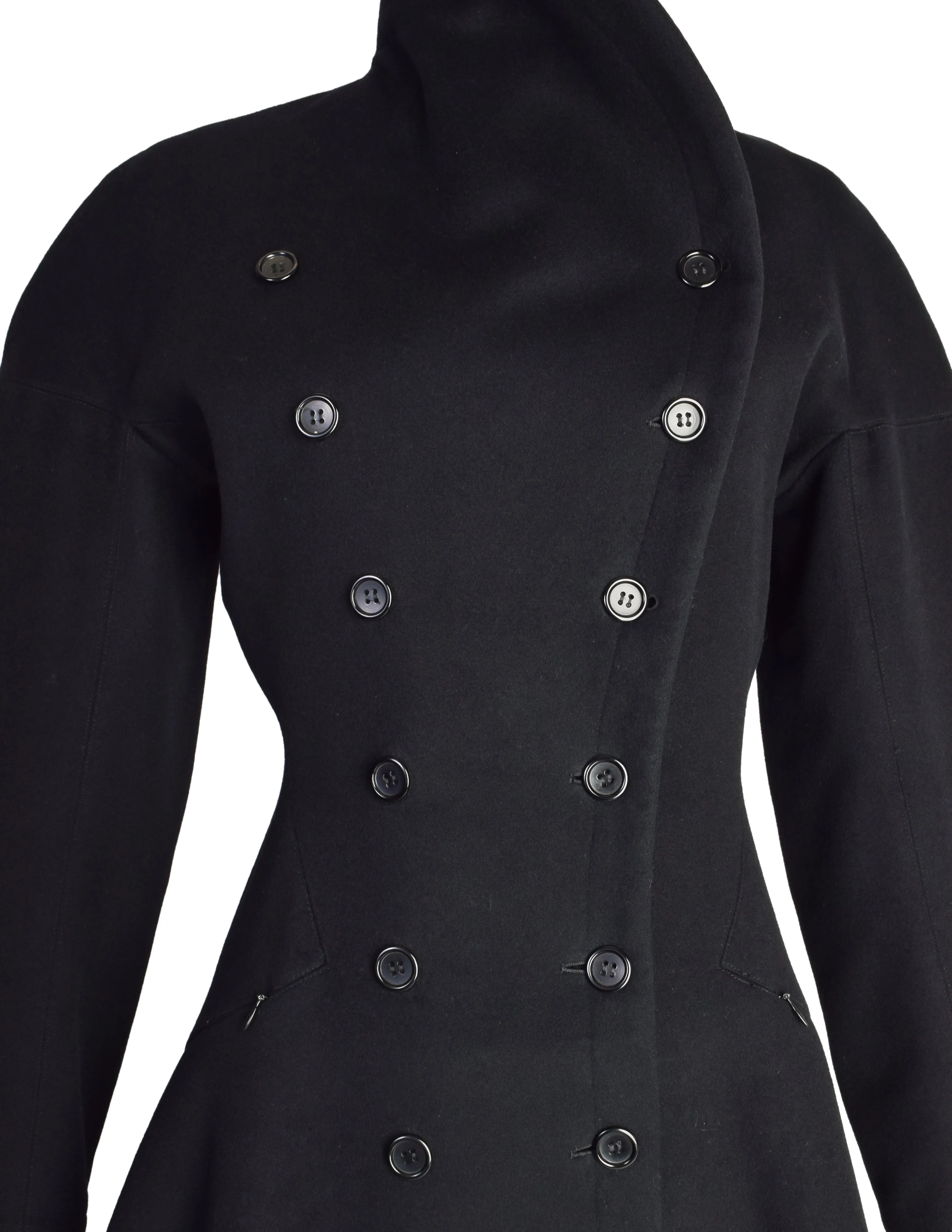 Azzedine Alaia Vintage AW 1986 Black Wool Curved Collar Double Breasted Hourglass Princess Coat