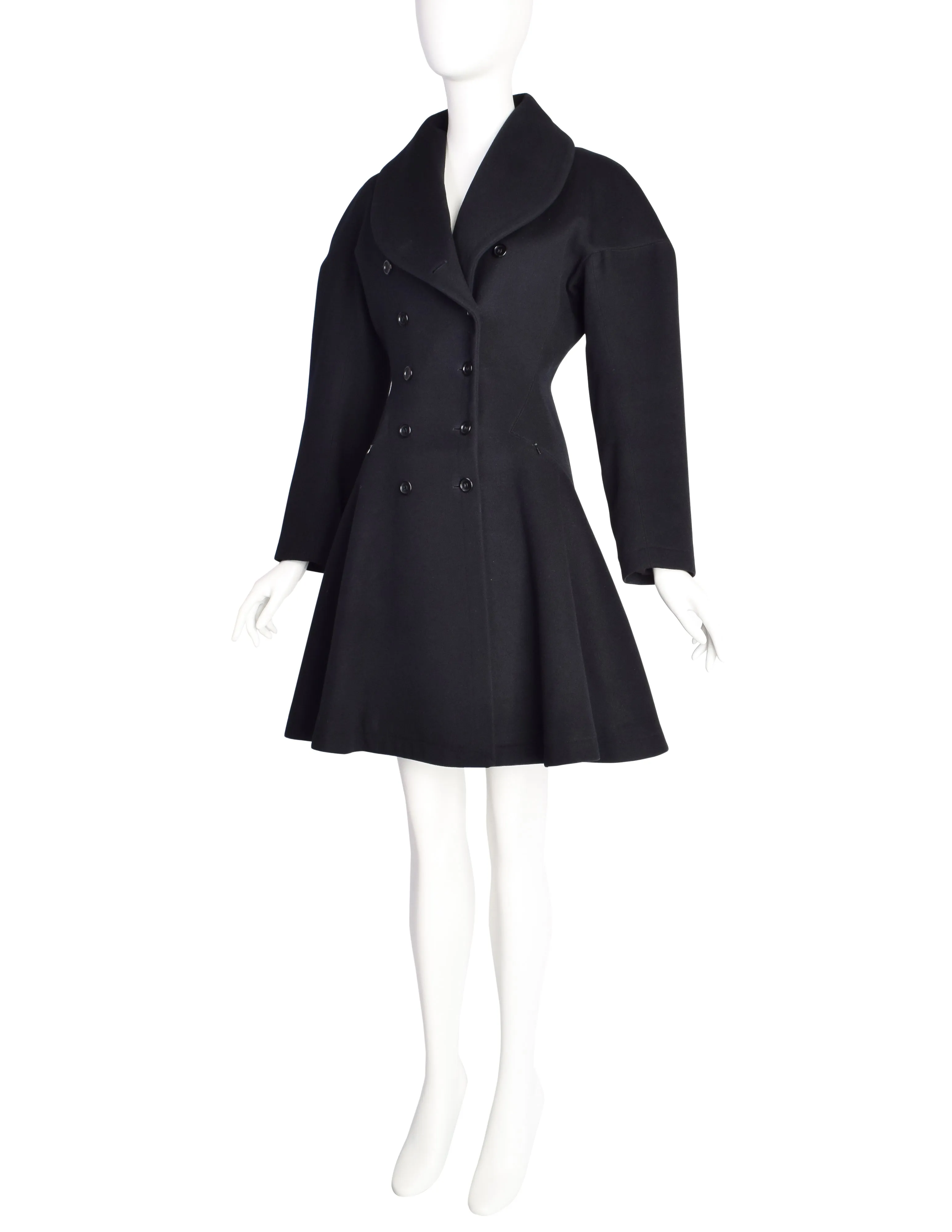 Azzedine Alaia Vintage AW 1986 Black Wool Curved Collar Double Breasted Hourglass Princess Coat