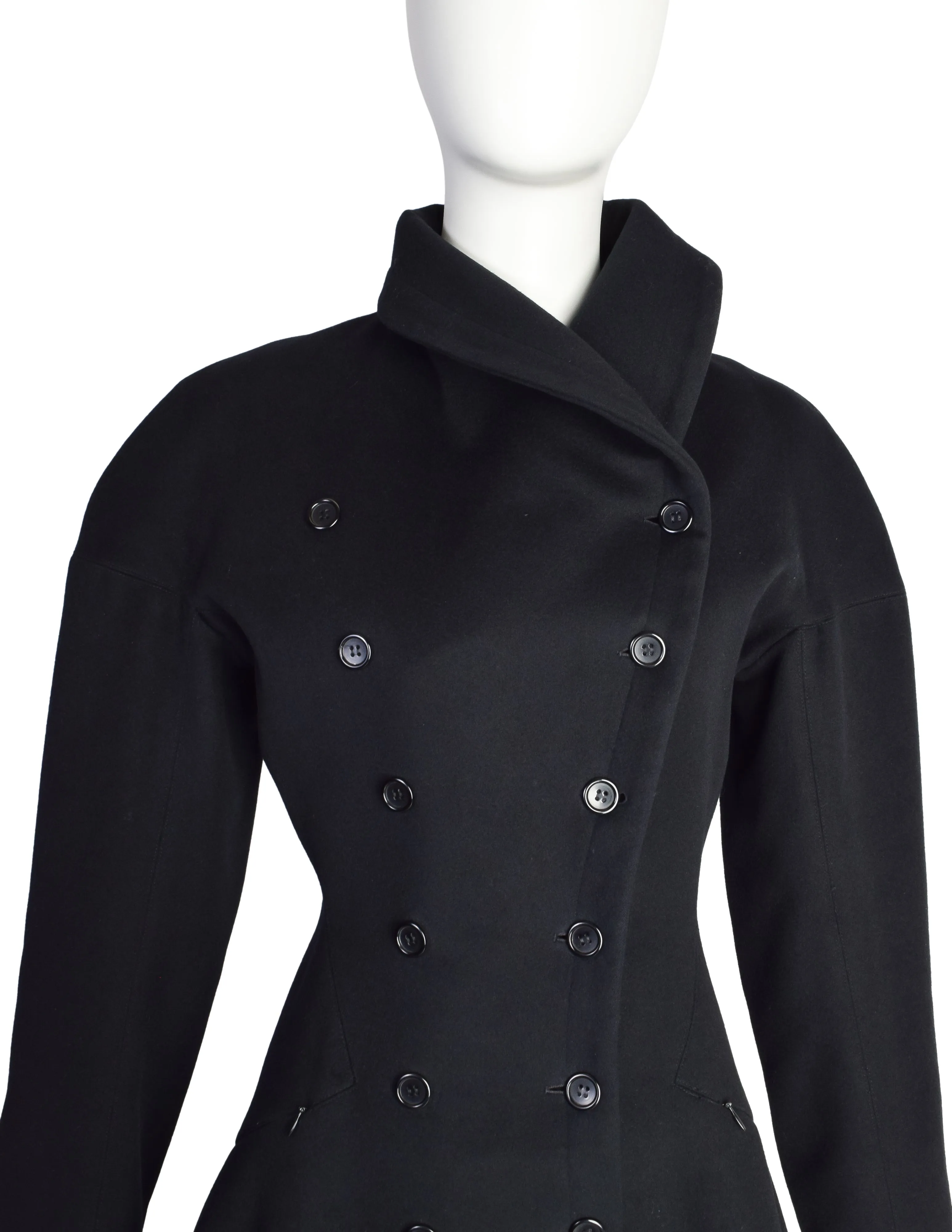 Azzedine Alaia Vintage AW 1986 Black Wool Curved Collar Double Breasted Hourglass Princess Coat