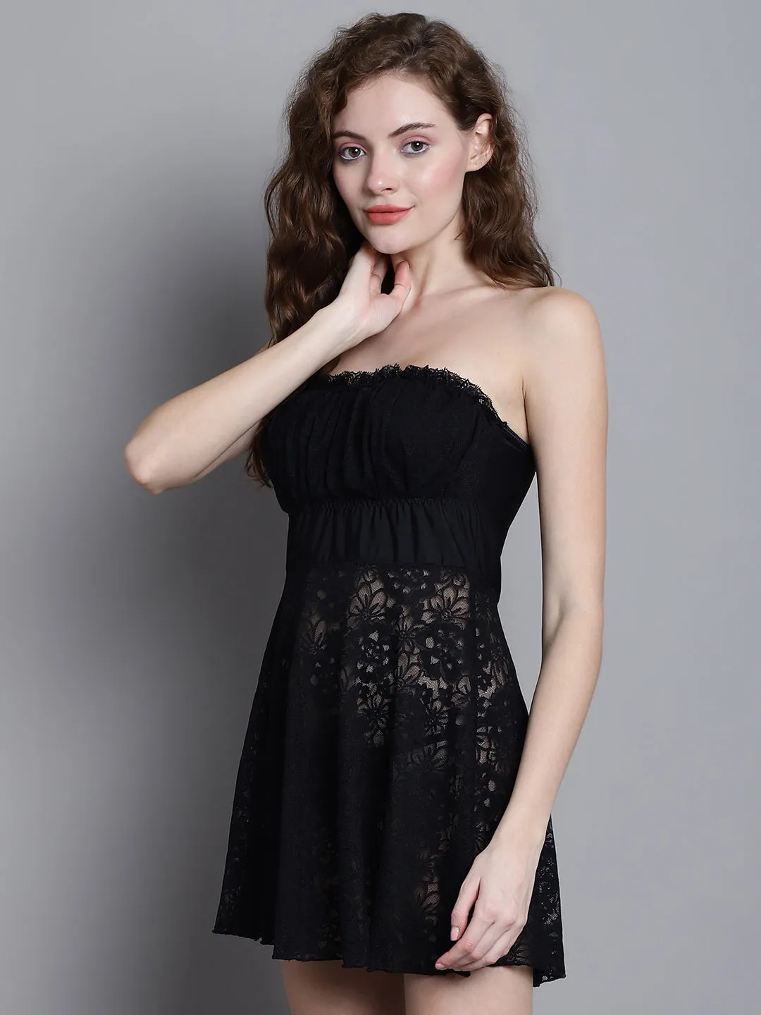 Babydoll Delicate Net Tube Dress - Black