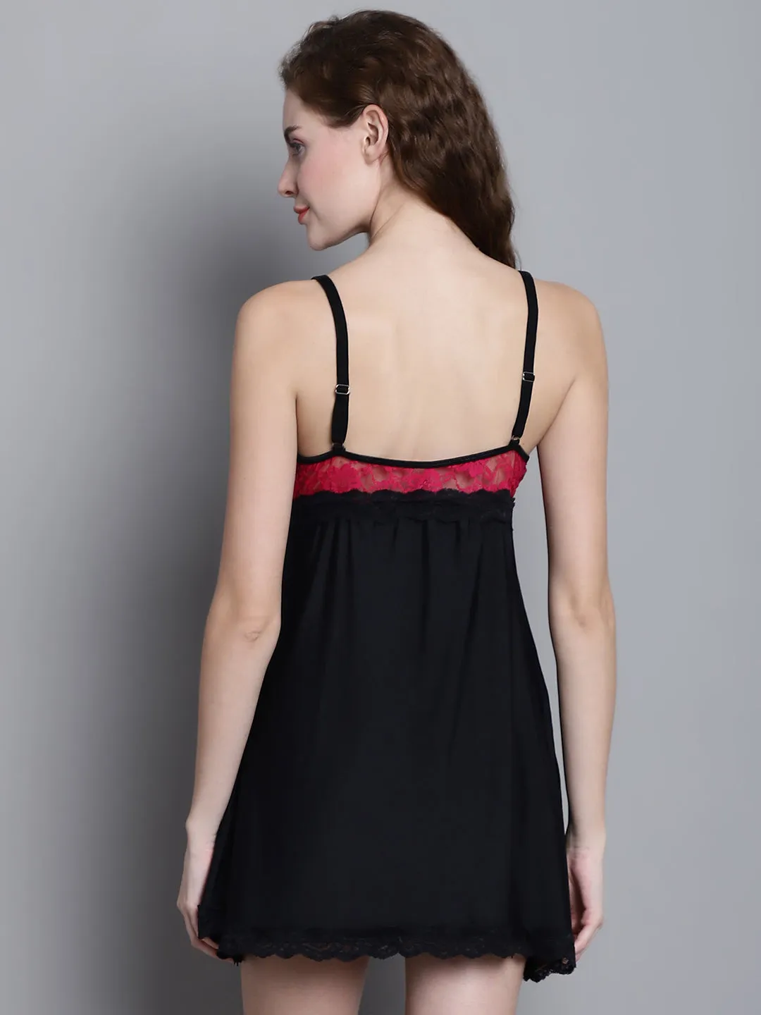 Babydoll Overall Net Backless - Black and Red