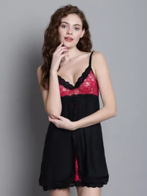 Babydoll Overall Net Backless - Black and Red