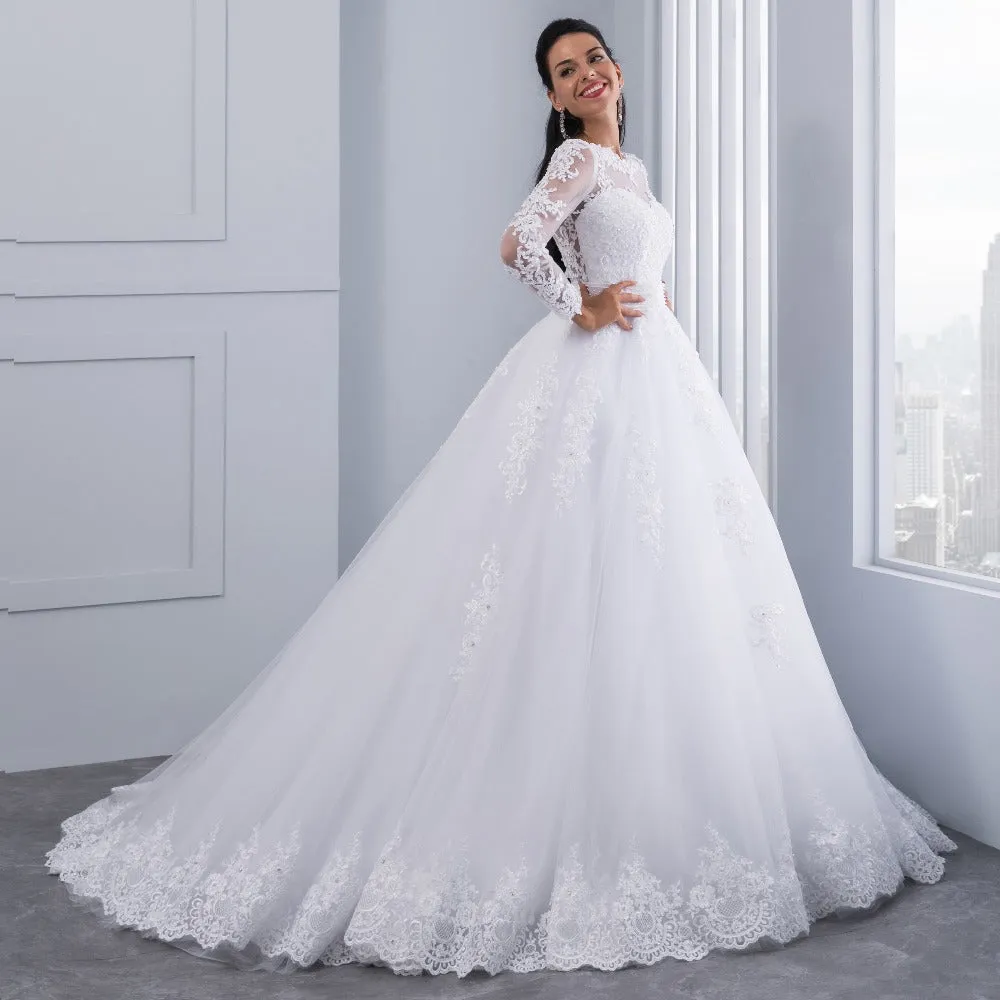 Ball Gown Wedding Dresses with Detachable train Lace Appliques Pearls Bridal Gowns