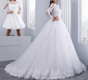 Ball Gown Wedding Dresses with Detachable train Lace Appliques Pearls Bridal Gowns