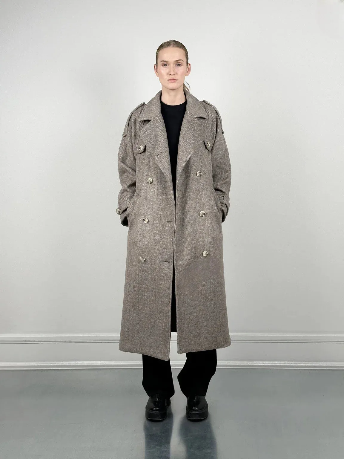 Bea Wool Coat - Herringbone - Beige/Brown