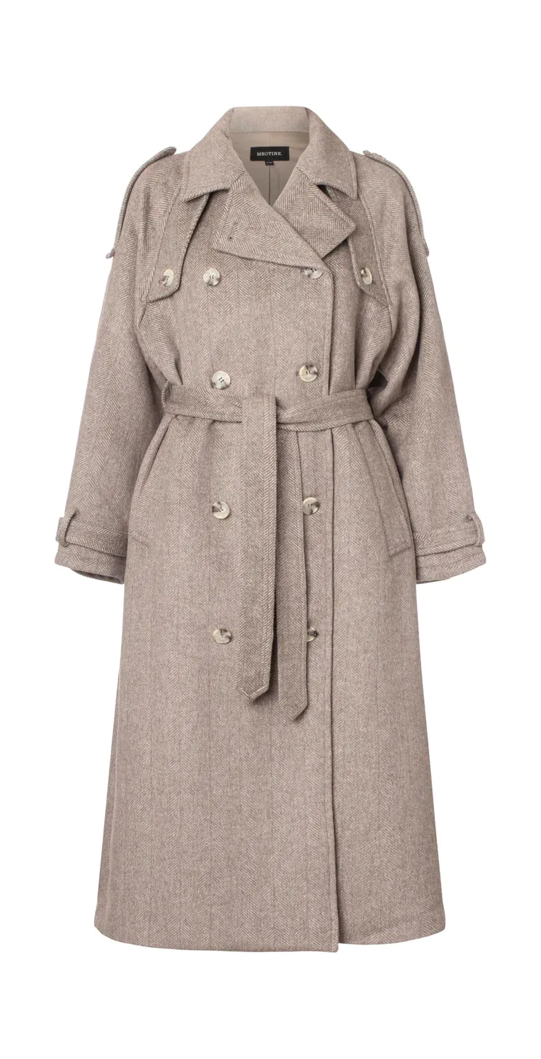 Bea Wool Coat - Herringbone - Beige/Brown