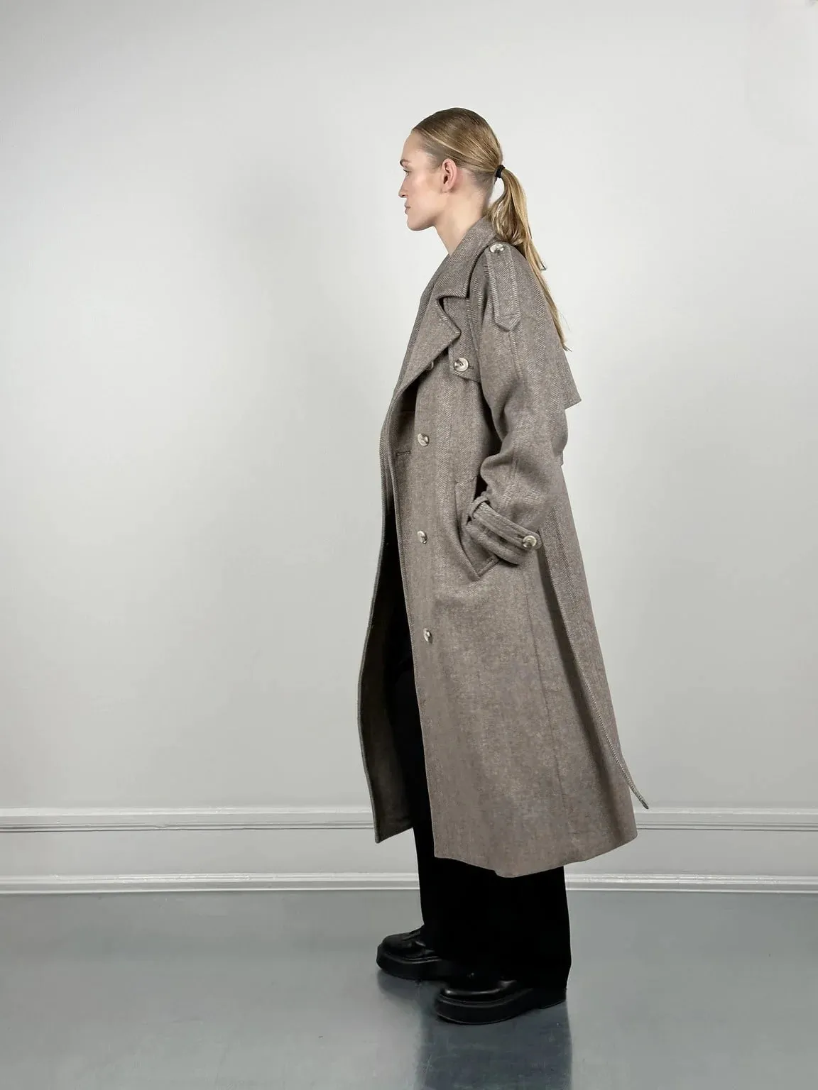 Bea Wool Coat - Herringbone - Beige/Brown