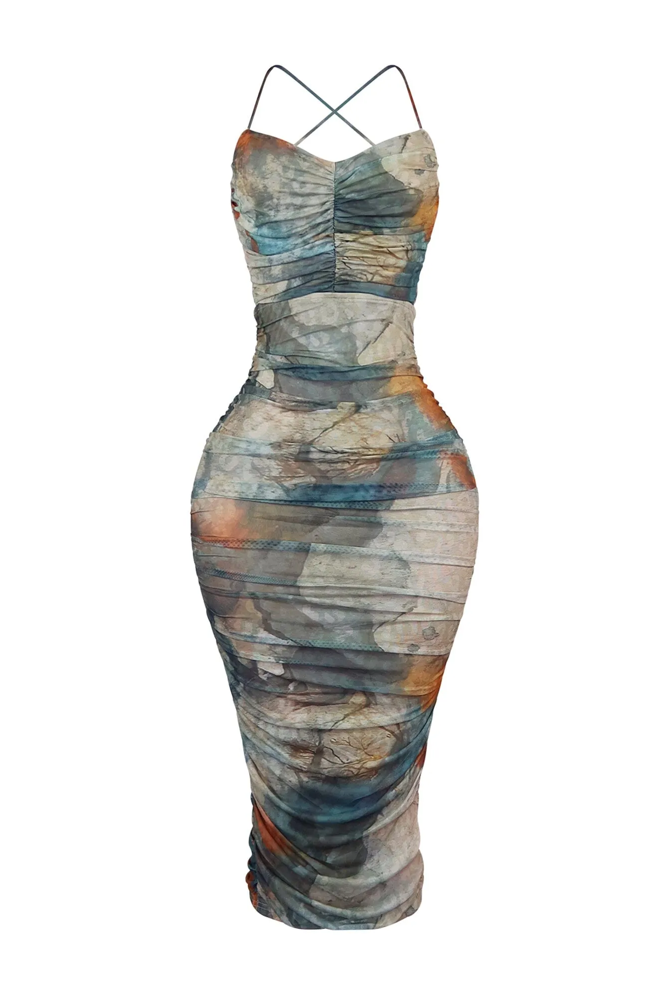 Beautiful Sinner Print Mesh Ruched Dress