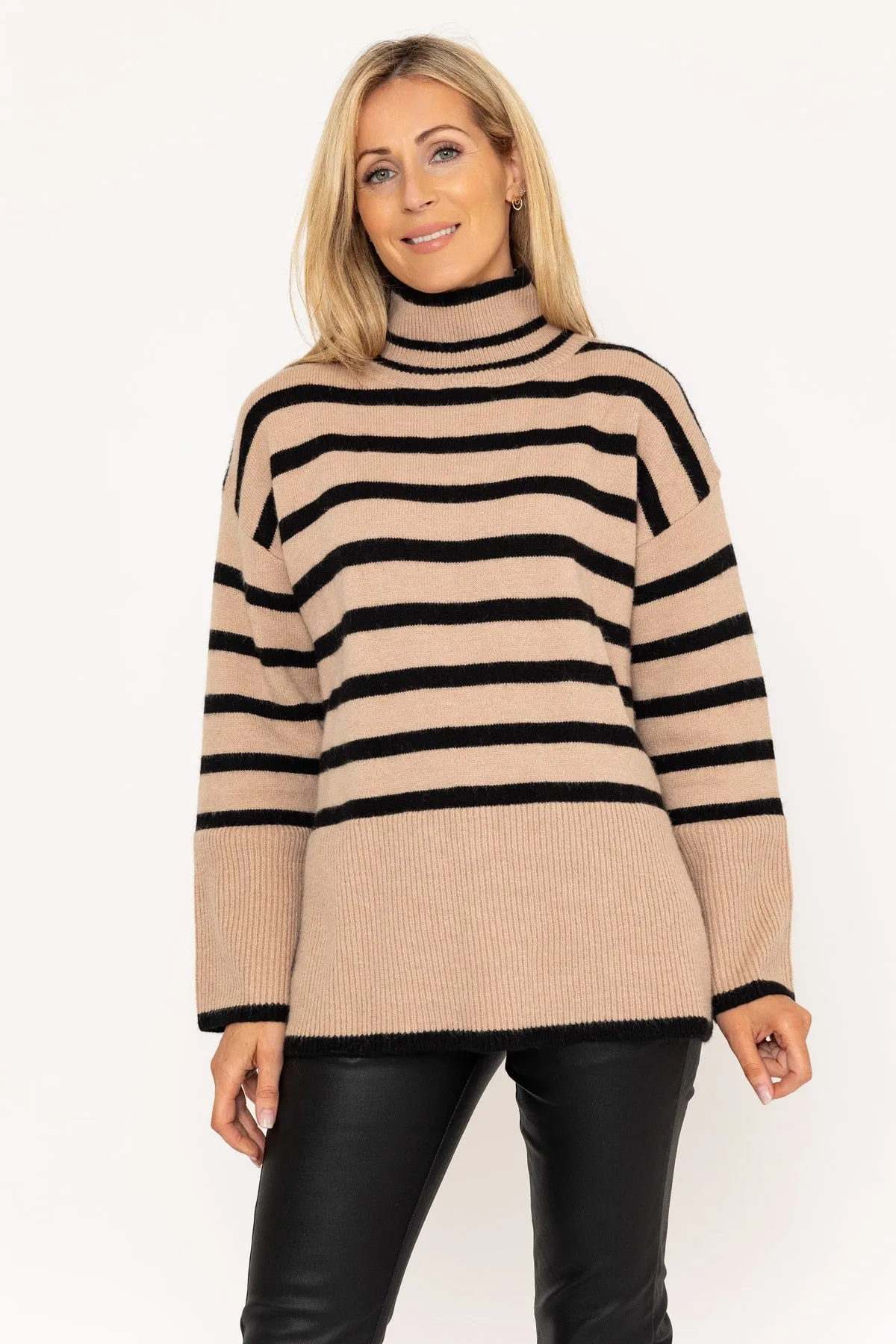 Beige Striped Polo Knit Jumper