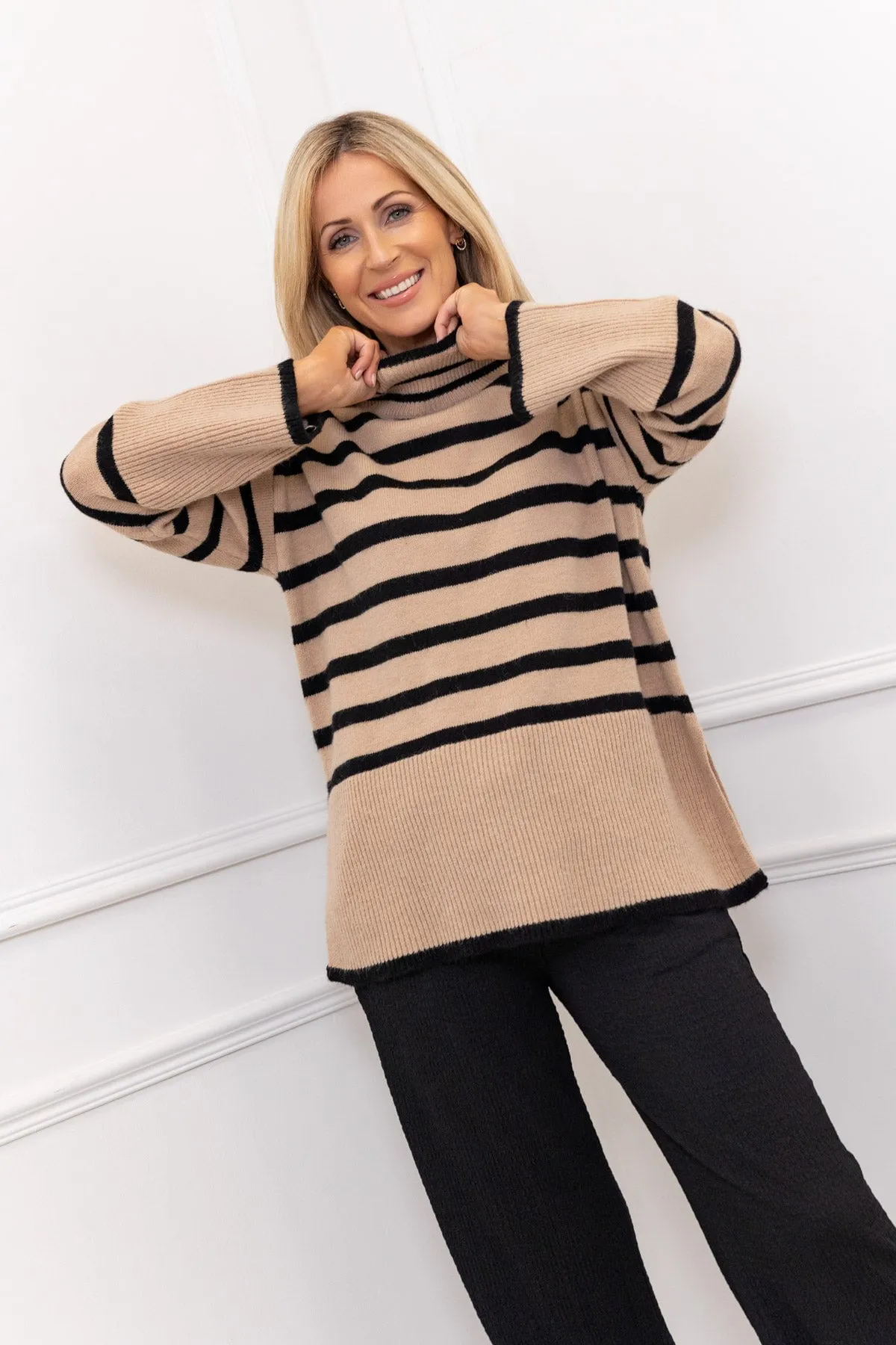 Beige Striped Polo Knit Jumper