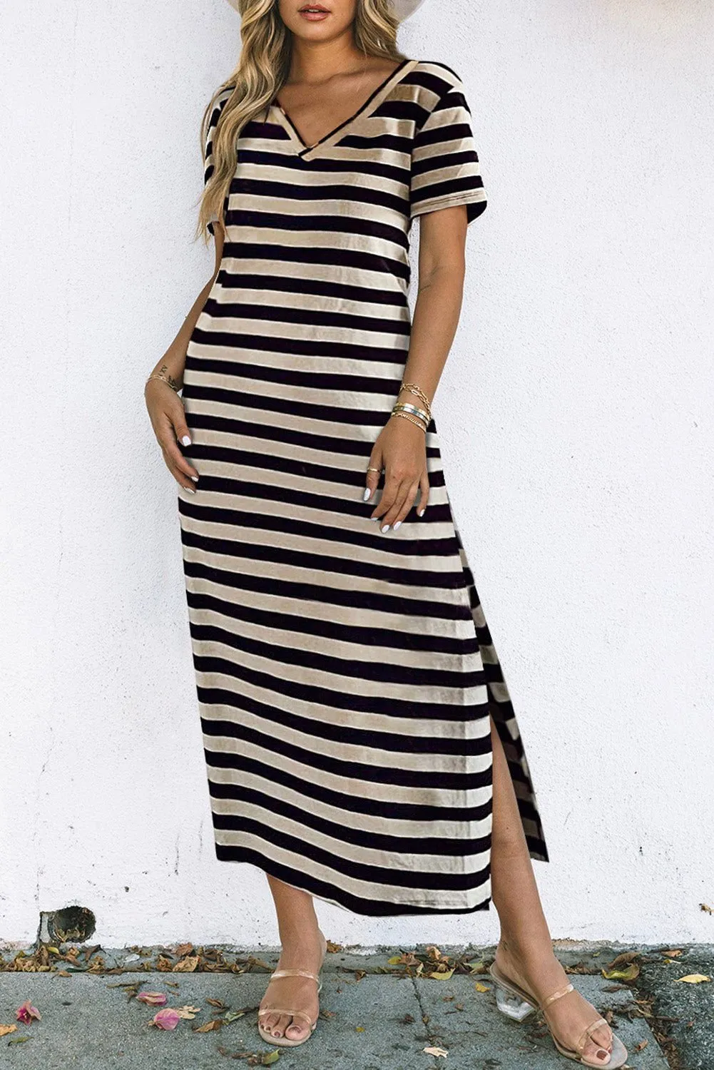 Black Casual Striped Print V Neck Side Split Maxi Dress