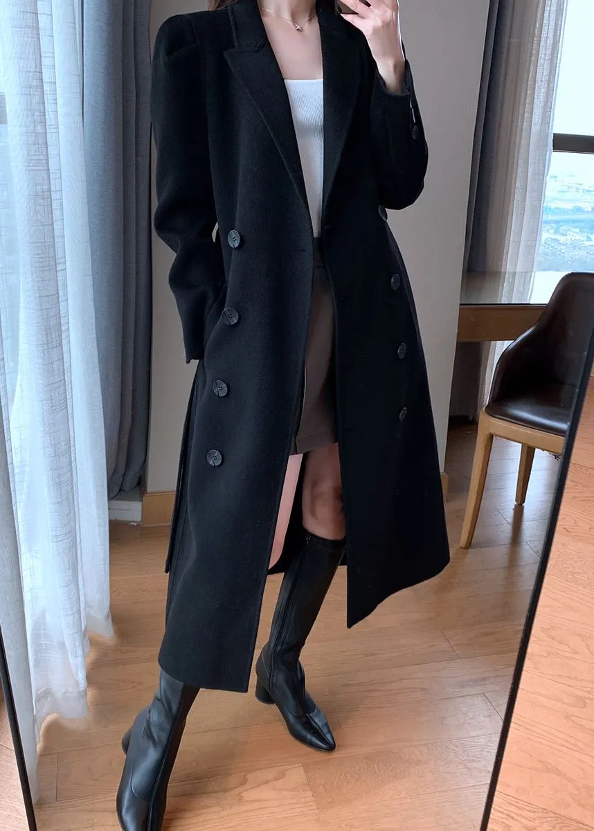 Black Double Breasted Belted Wool Blend Long Coat