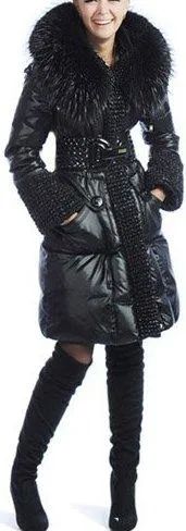 Black Fur-Trim Texture-Paneled Puffer Coat