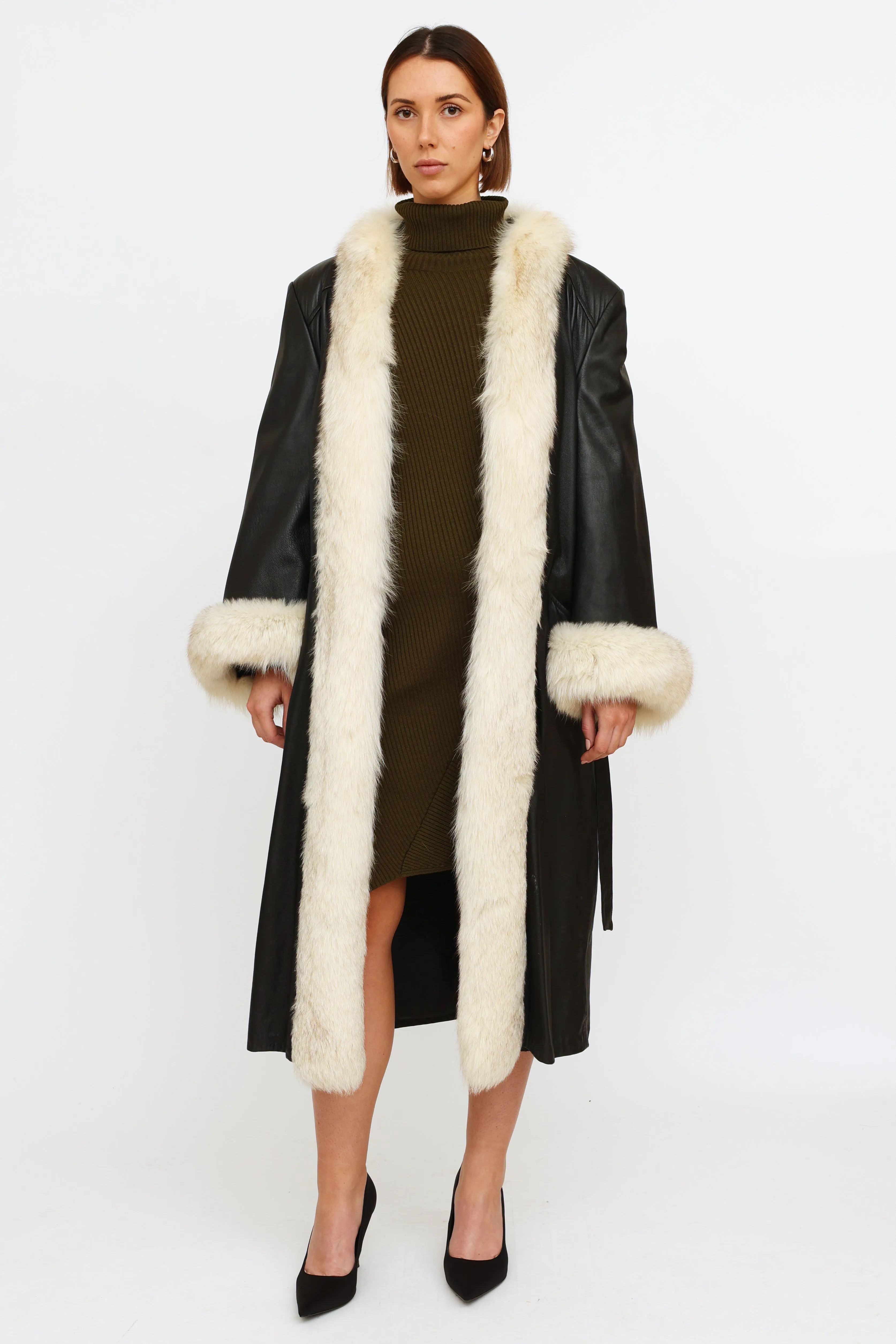 Black Leather Fur Trim Coat