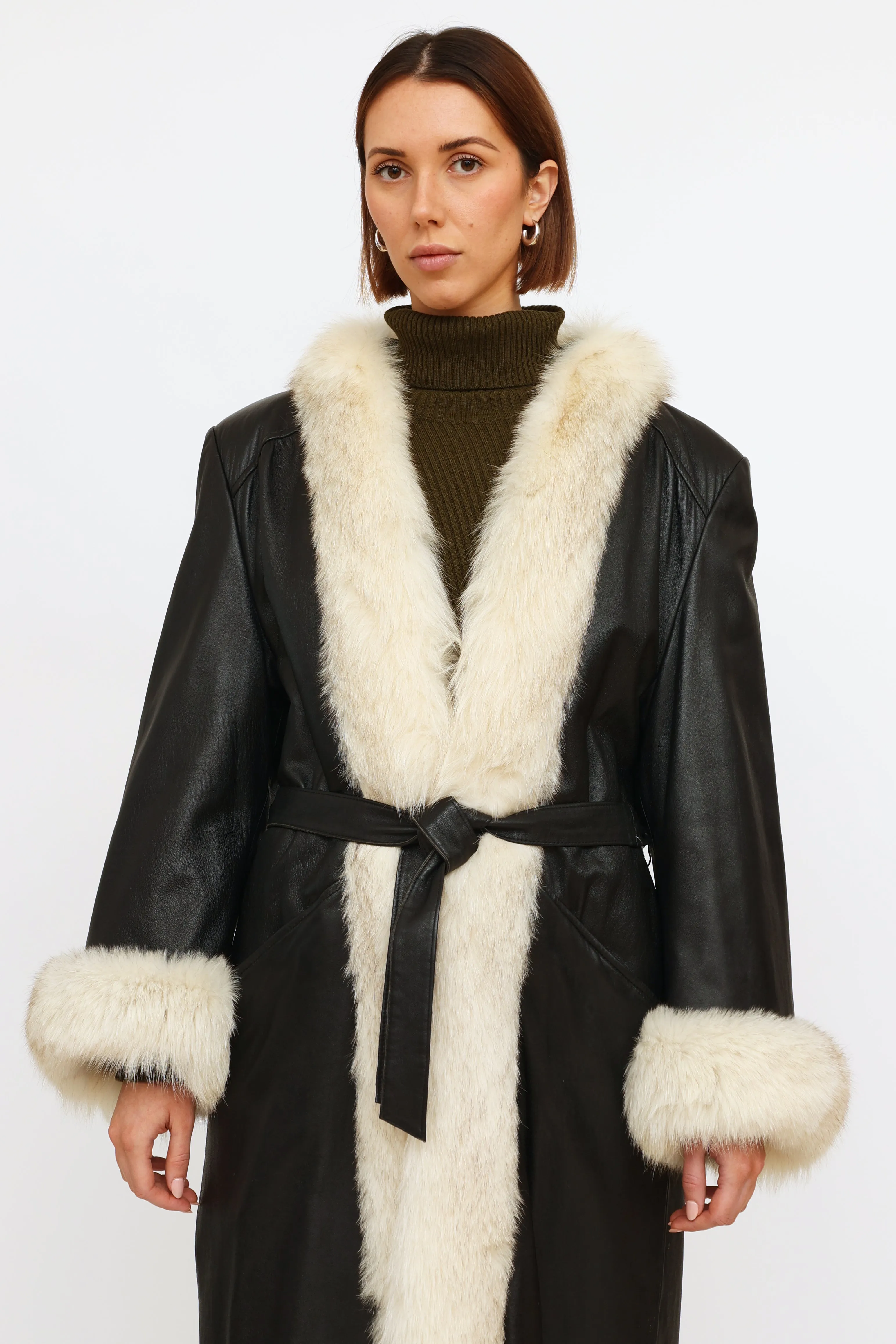 Black Leather Fur Trim Coat