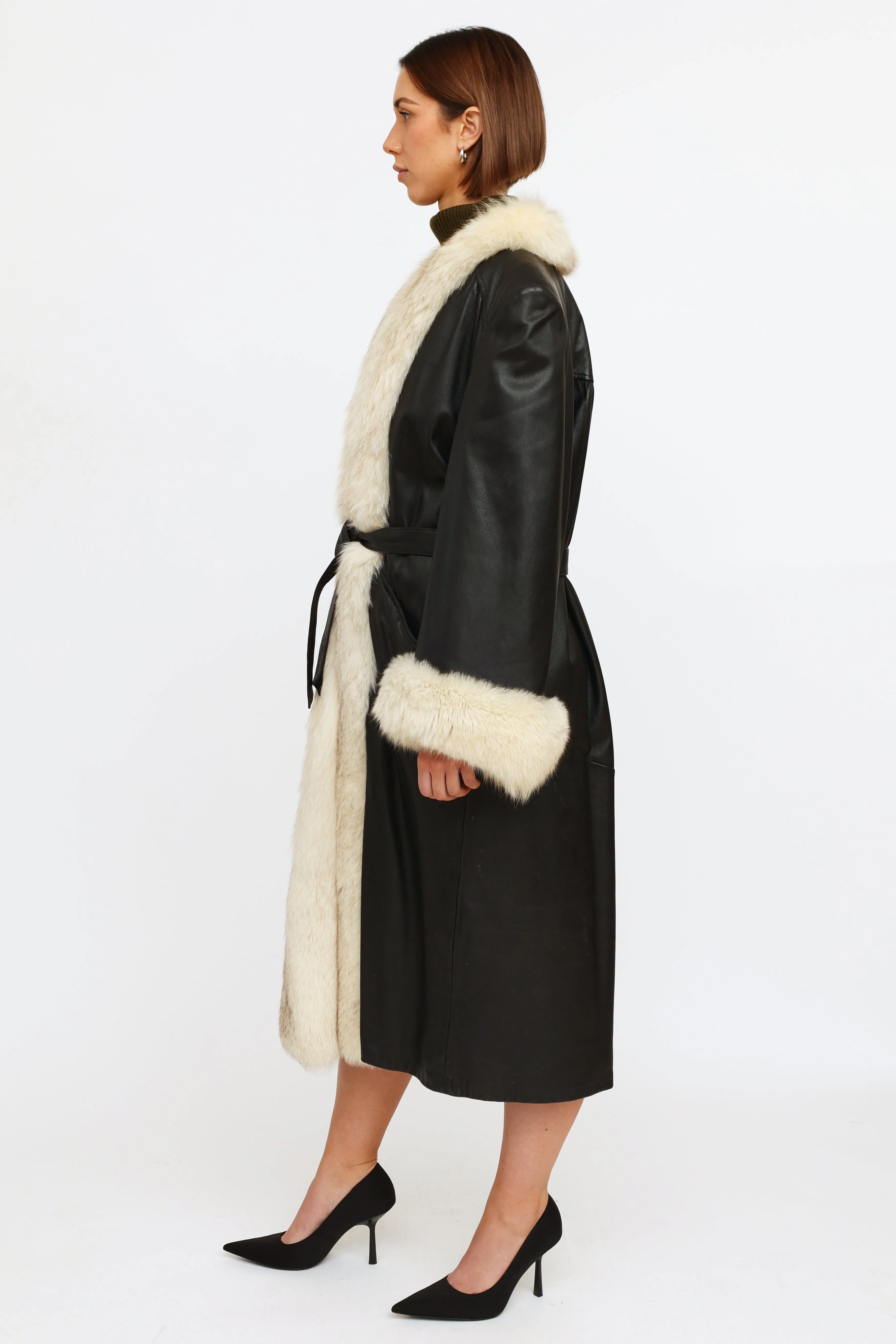 Black Leather Fur Trim Coat