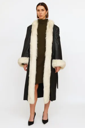 Black Leather Fur Trim Coat