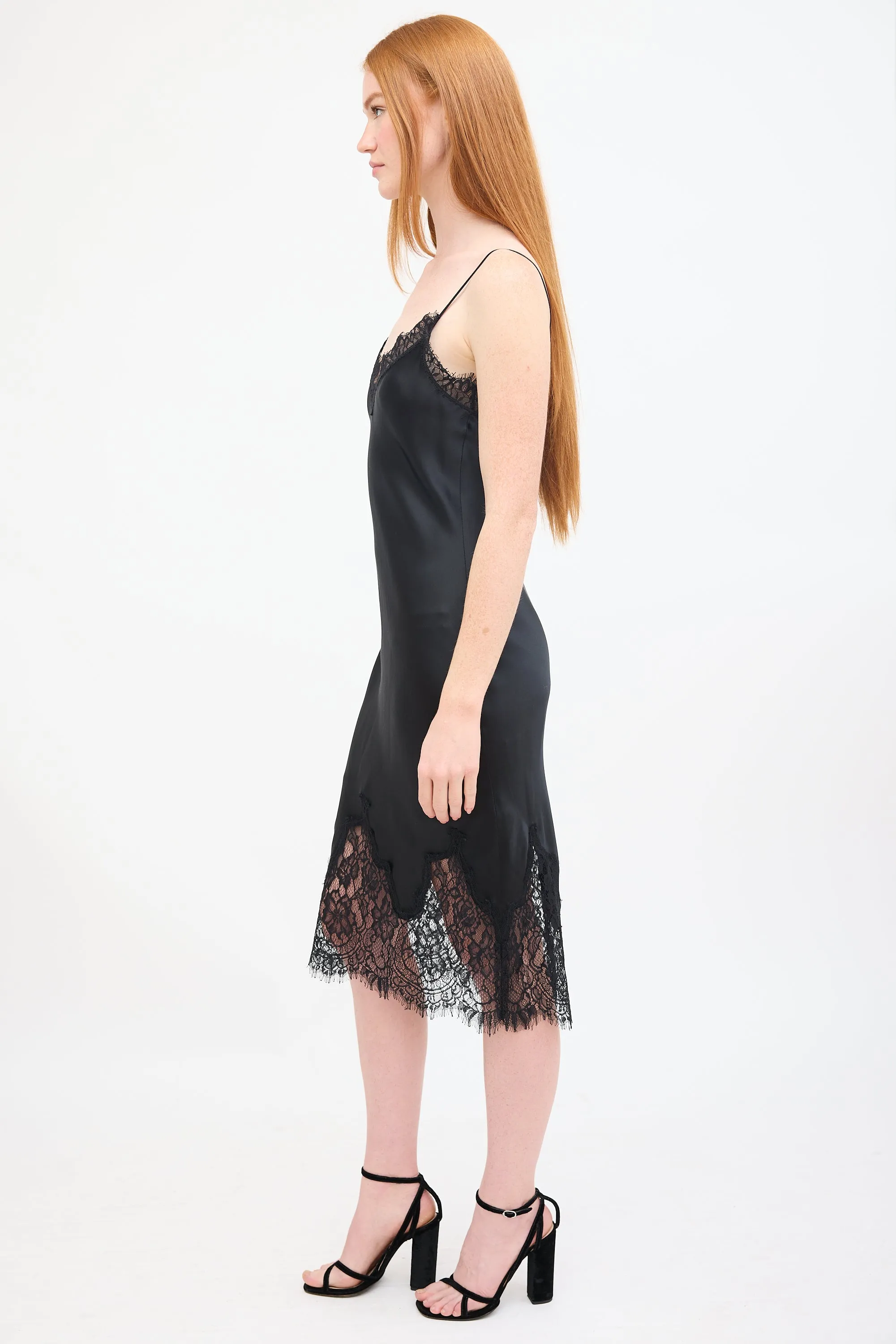 Black Silk & Lace Midi Slip Dress