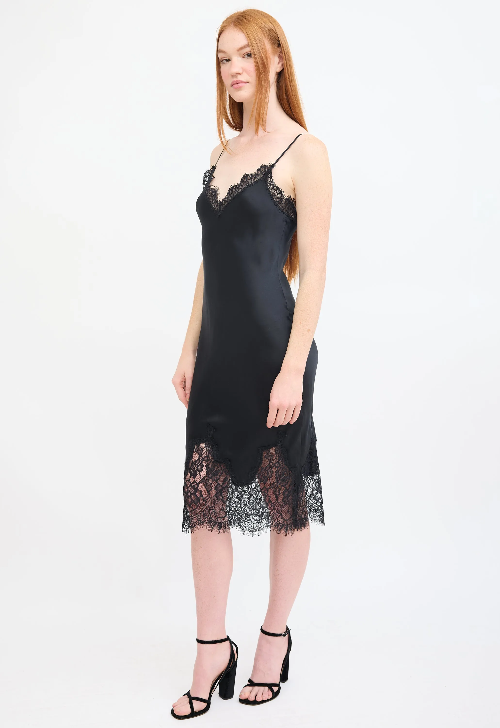 Black Silk & Lace Midi Slip Dress