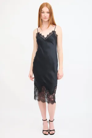 Black Silk & Lace Midi Slip Dress