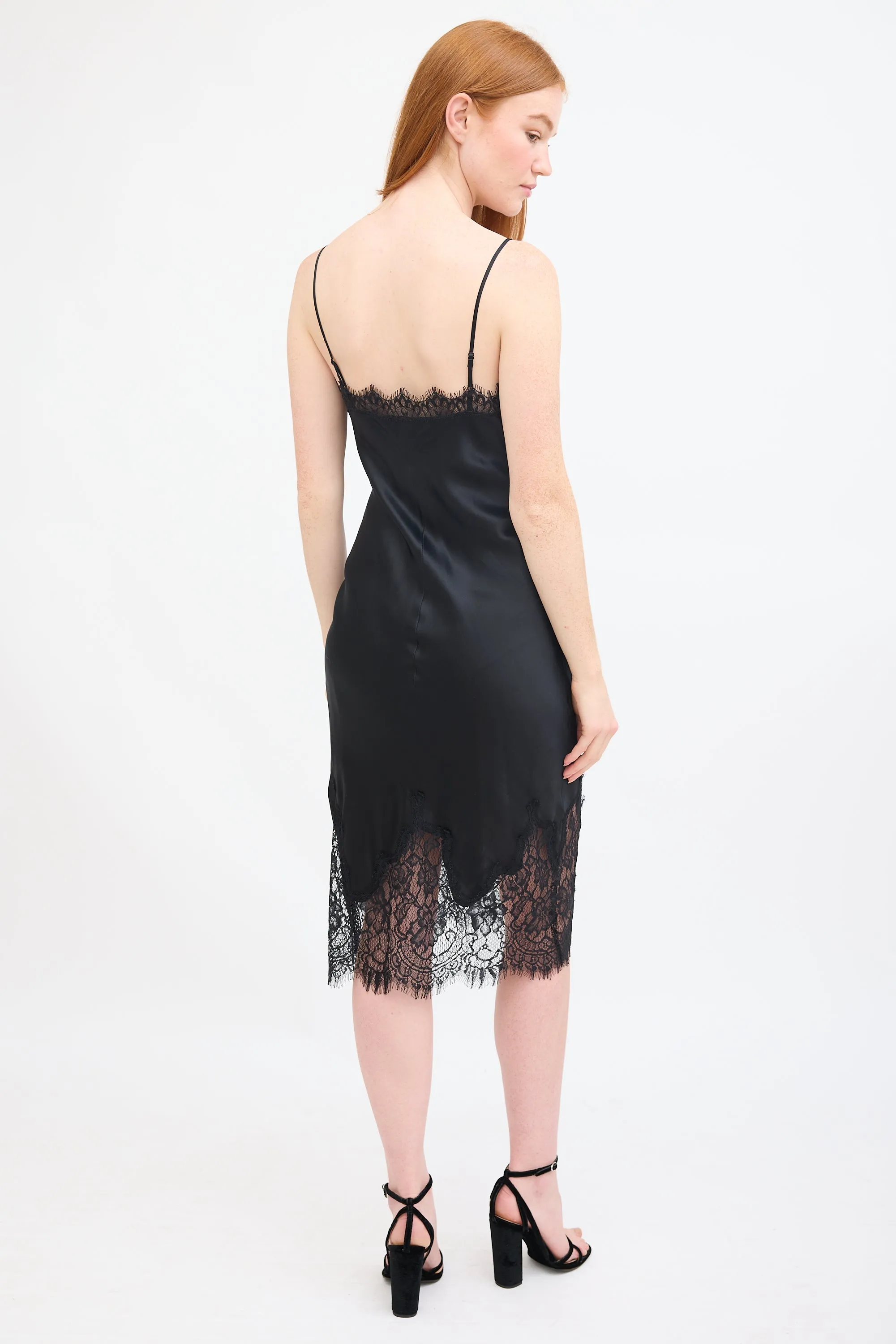 Black Silk & Lace Midi Slip Dress