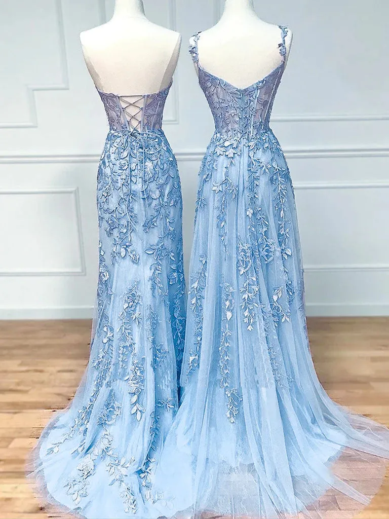 Blue Sweetheart Neck Lace Long Prom Dresses, Blue Lace Graduation Dress     fg4490