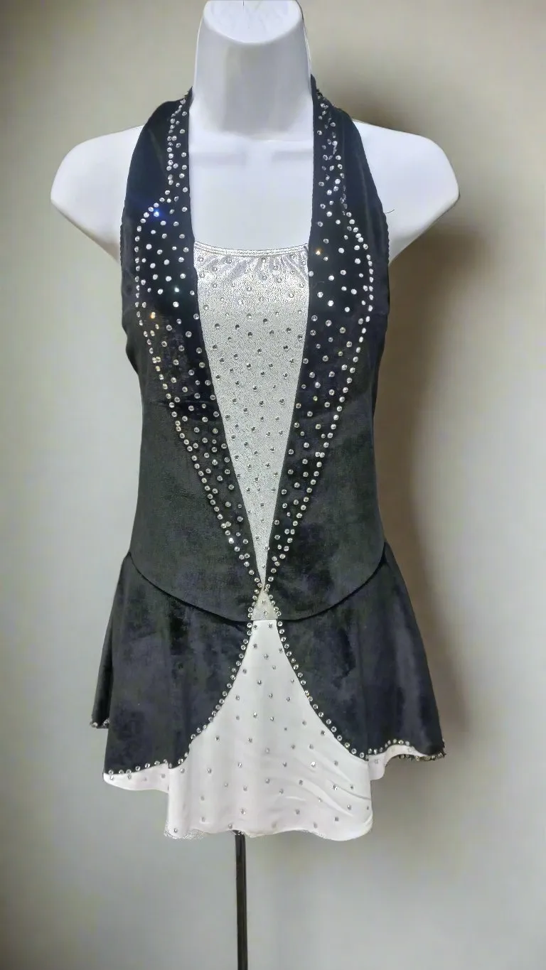 Boutique Step Up Velvet Figure Skating Dress (BLACK AND SILVER) With Rhinestones