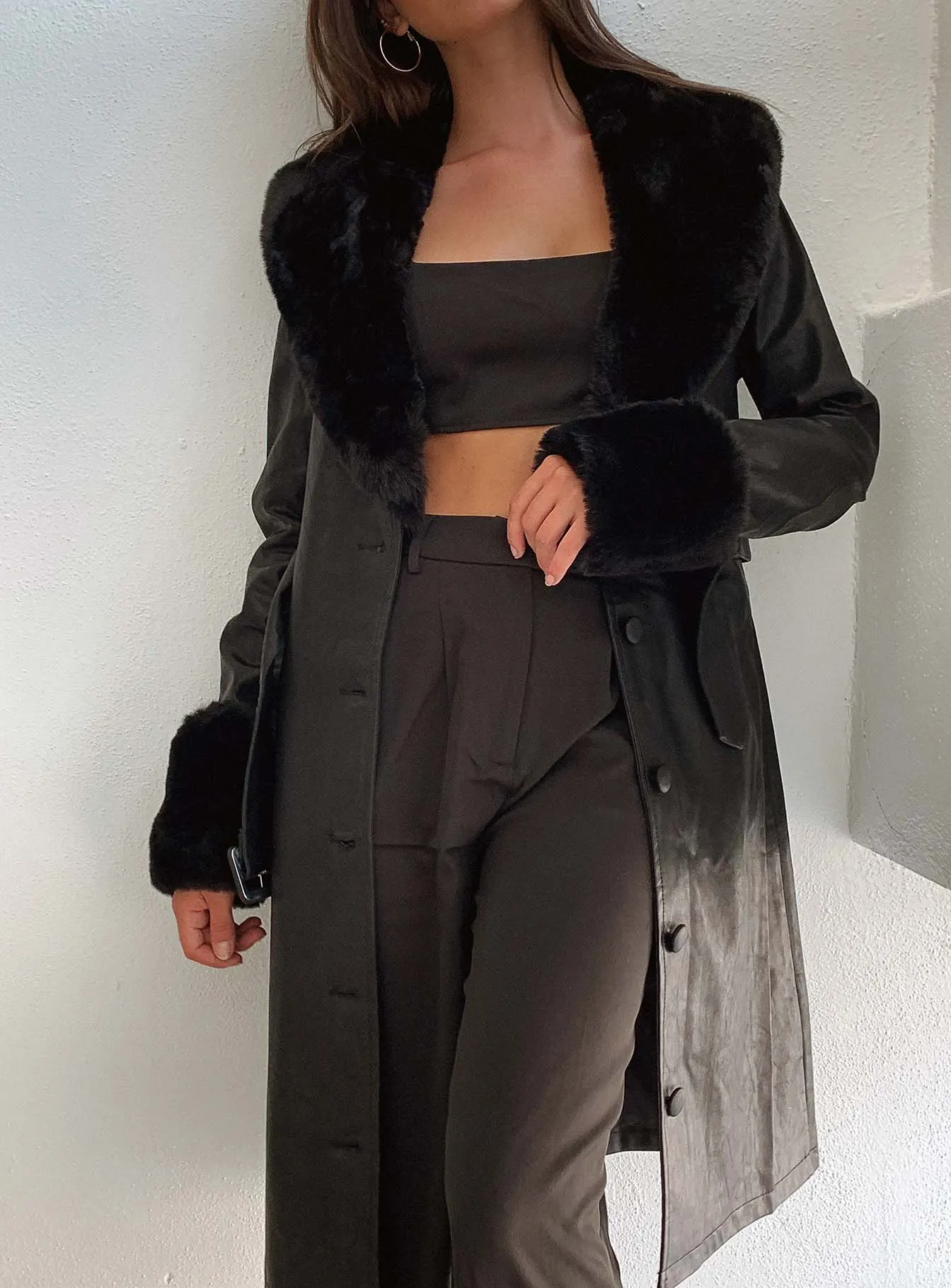 Brooklyn Faux Leather Long Coat Black